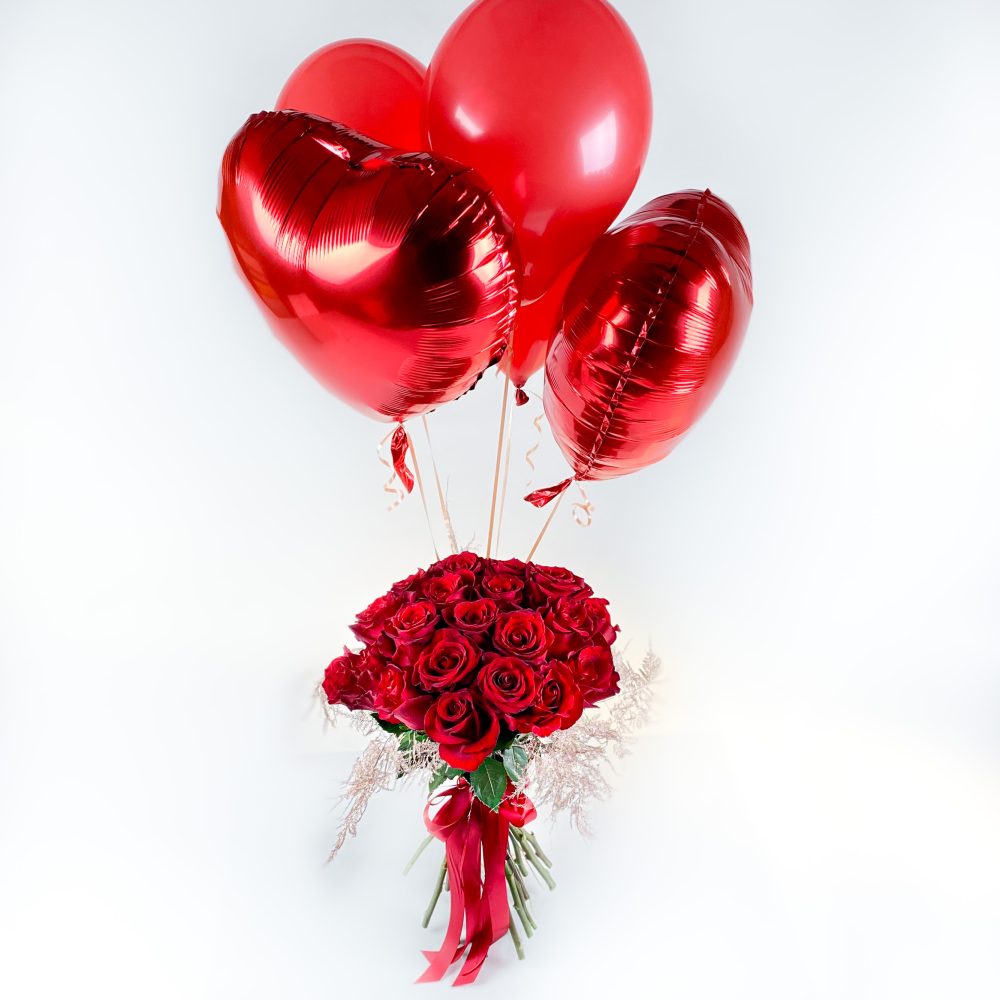 Set Buchet 25 trandafiri rosii cu baloane Valentine s Day 1 scaled