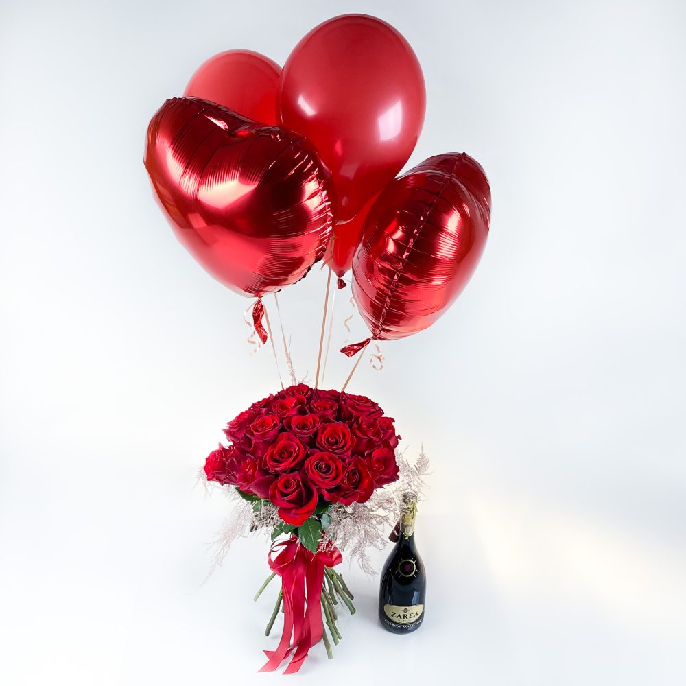 Set Buchet 25 trandafiri rosii cu baloane Valentine s Day si Sampanie Zarea 1 scaled