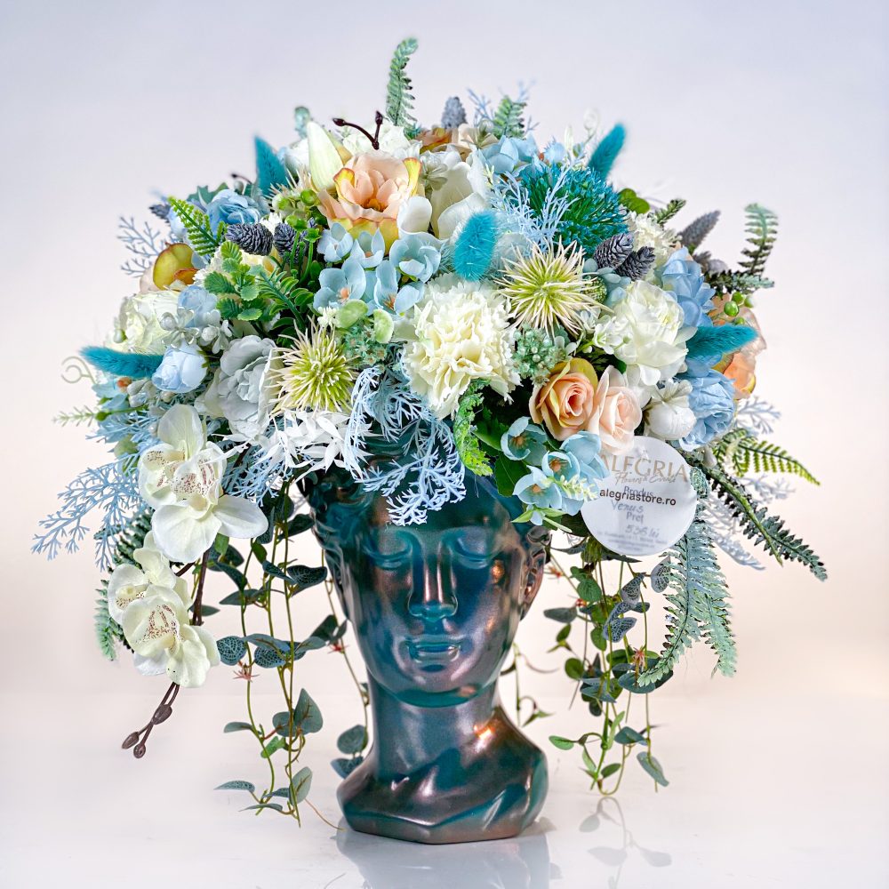 Cadou floral VENUS aranjament cu flori uscate si artificiale Atlantic theme in alb turcoaz si rose gold 1 scaled