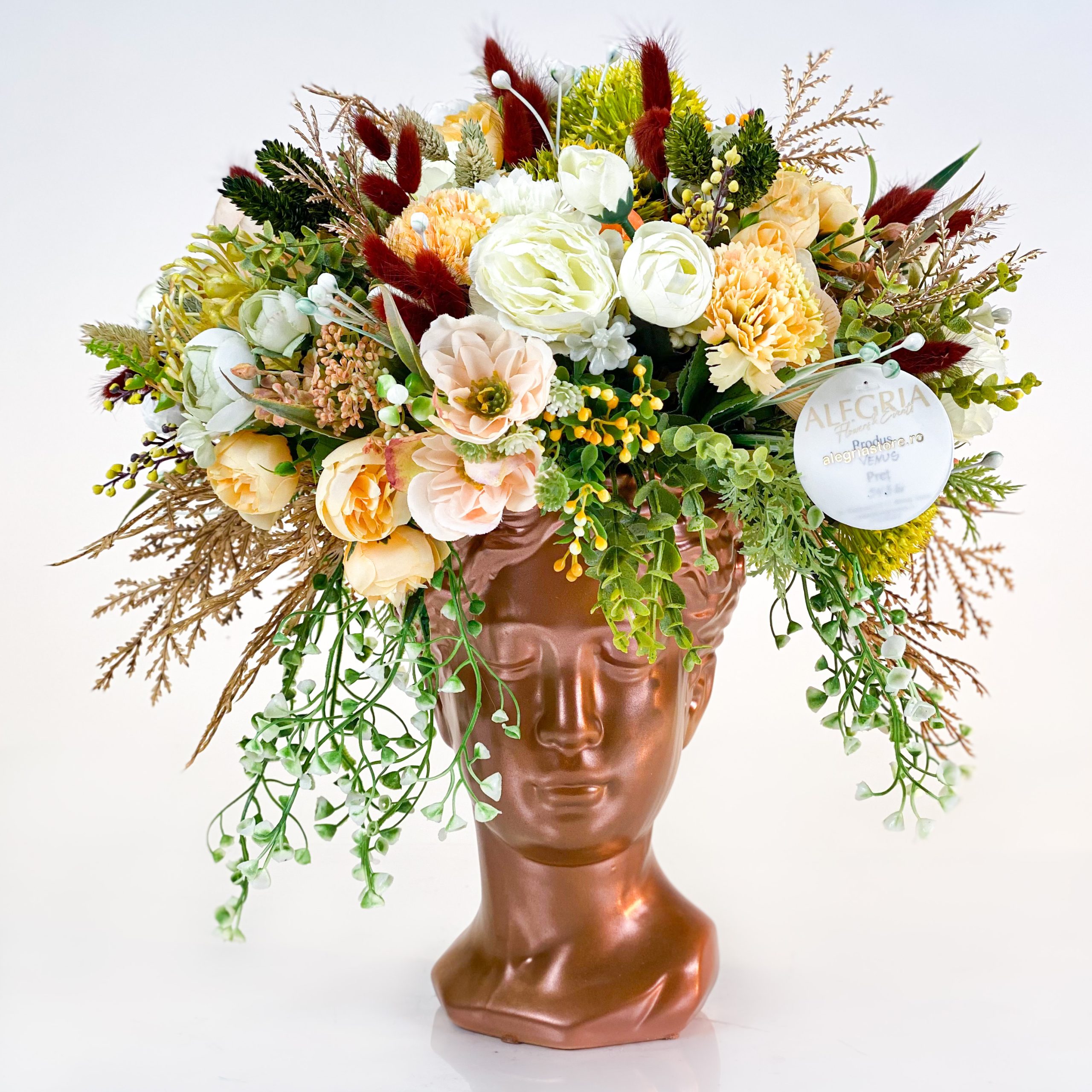 Cadou floral VENUS aranjament cu flori uscate si artificiale Italy theme in galben oranj si castaniu 1 scaled