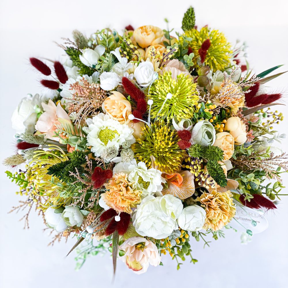 Cadou floral VENUS aranjament cu flori uscate si artificiale Italy theme in galben oranj si castaniu 2 scaled