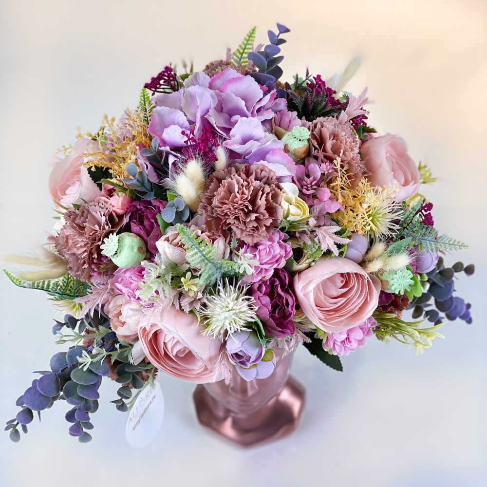Cadou floral VENUS aranjament cu flori uscate si artificiale boheme theme in pastel rose gold alb si peach 2 scaled