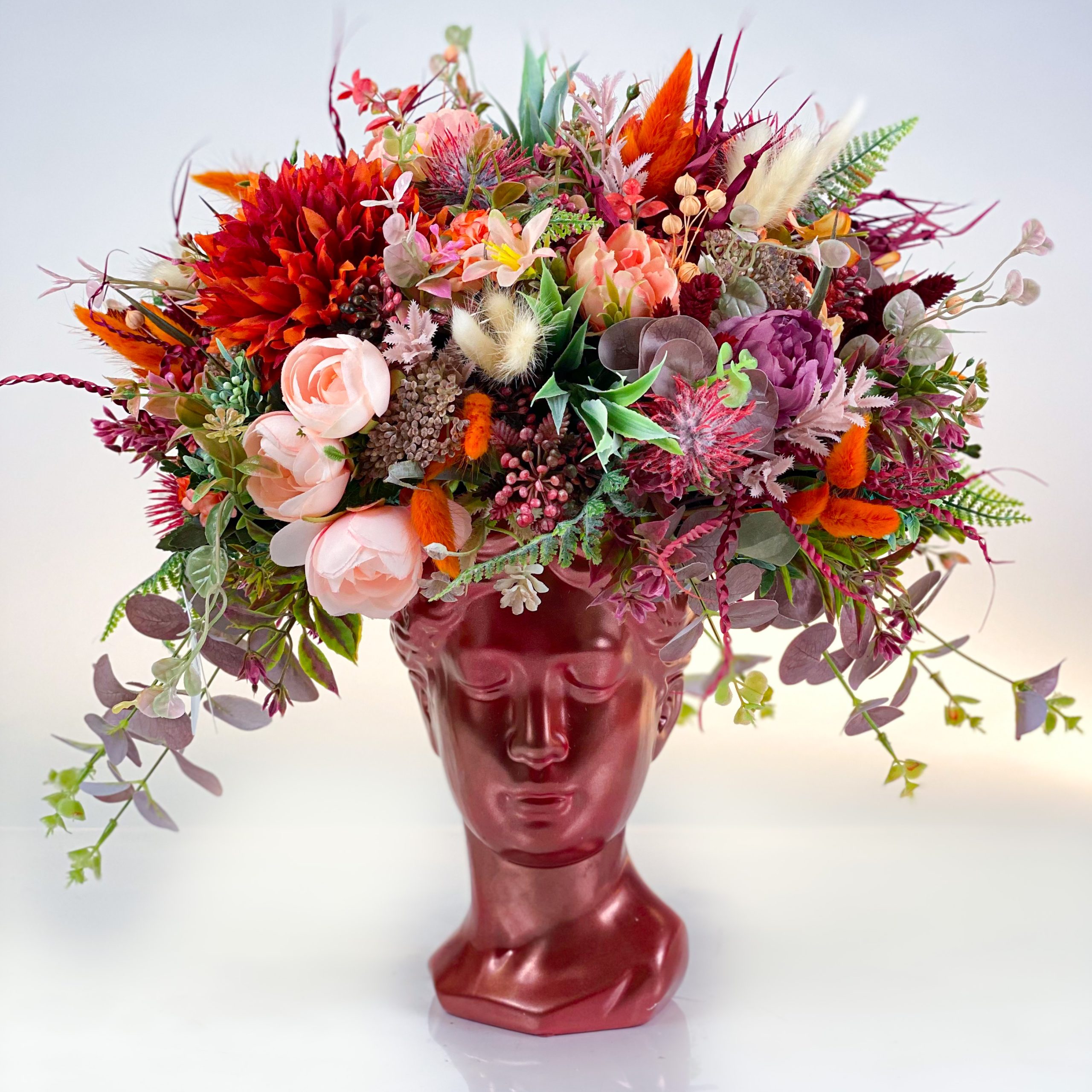 Cadou floral VENUS aranjament cu flori uscate si artificiale exotic theme in rosu portocaliu si bordo 1 scaled