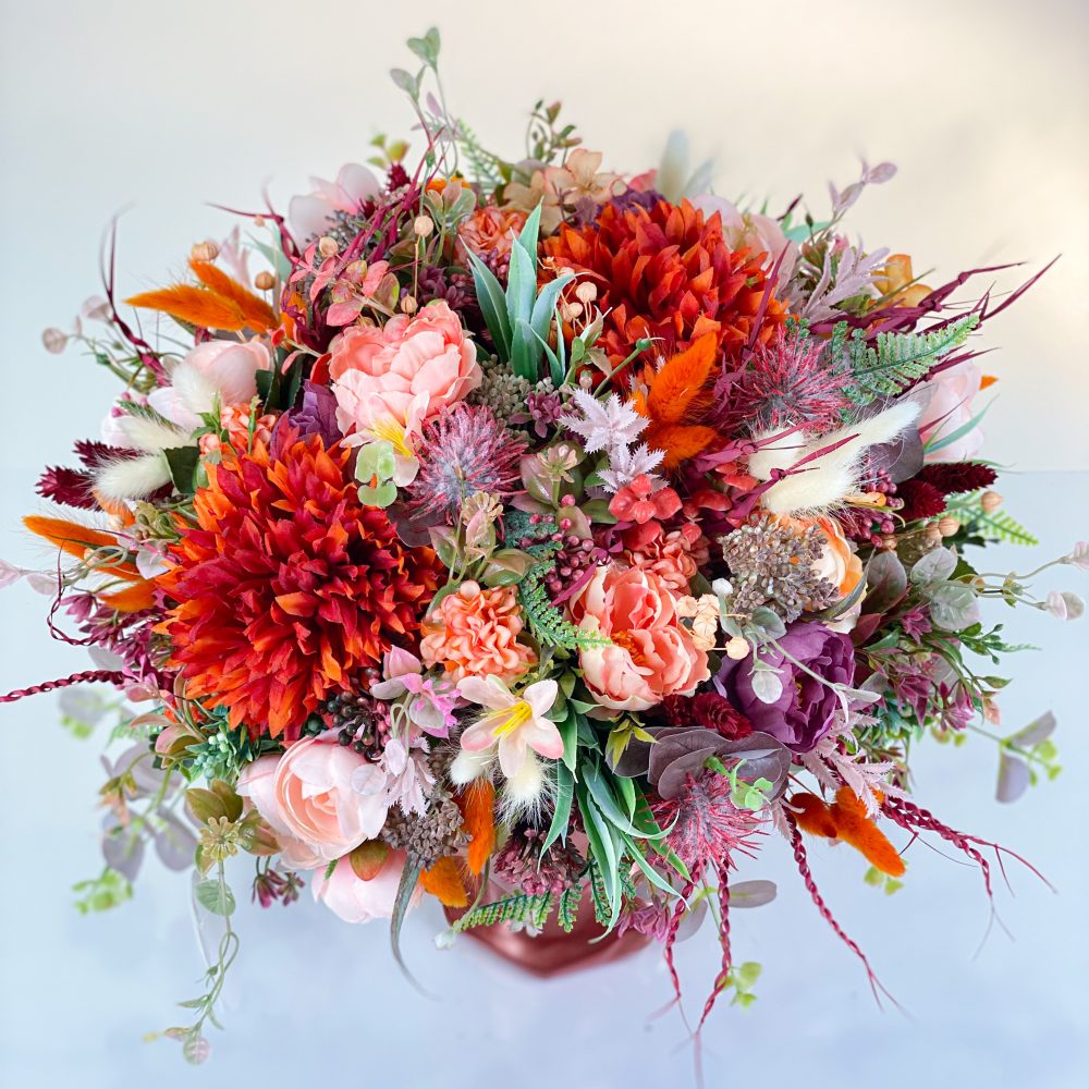 Cadou floral VENUS aranjament cu flori uscate si artificiale exotic theme in rosu portocaliu si bordo 2 scaled