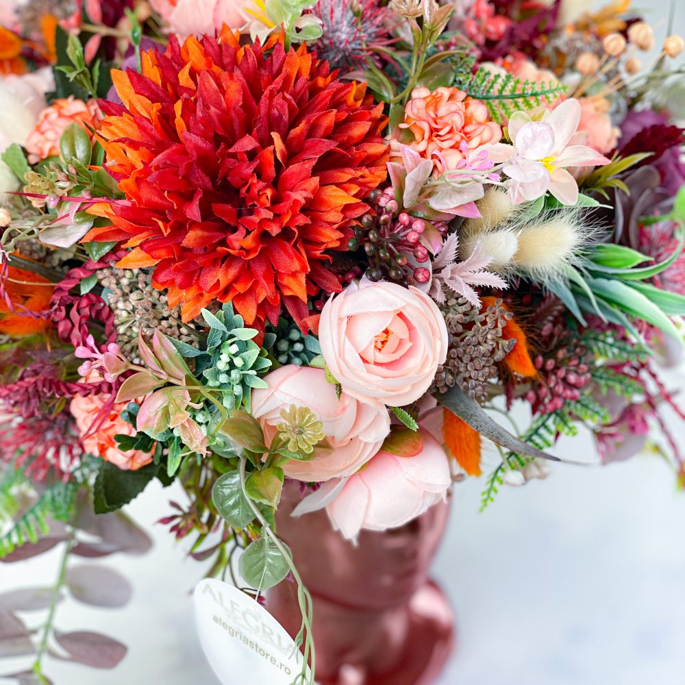 Cadou floral VENUS aranjament cu flori uscate si artificiale exotic theme in rosu portocaliu si bordo 3 scaled